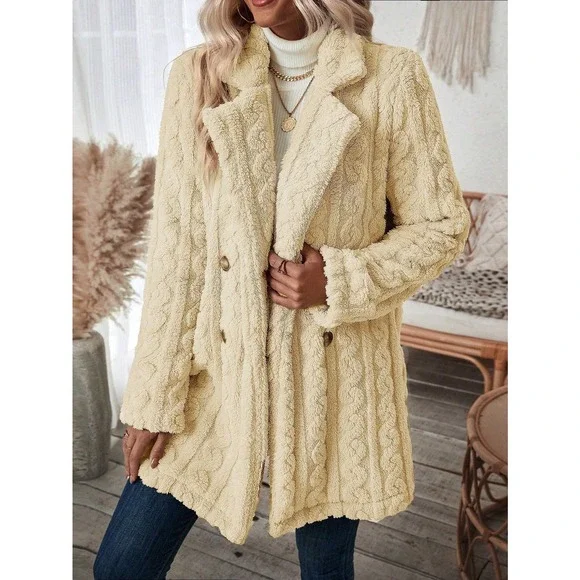 minimalist Double Breasted Lapel collar ribbed knit teddy Coat - Picture 5 of 11